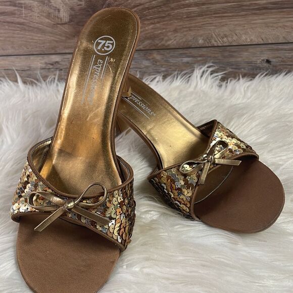 Expressions Sequined Slide In Heels, Size 7.5, Goldtone and Bronzetone Sequins - Picture 12 of 12